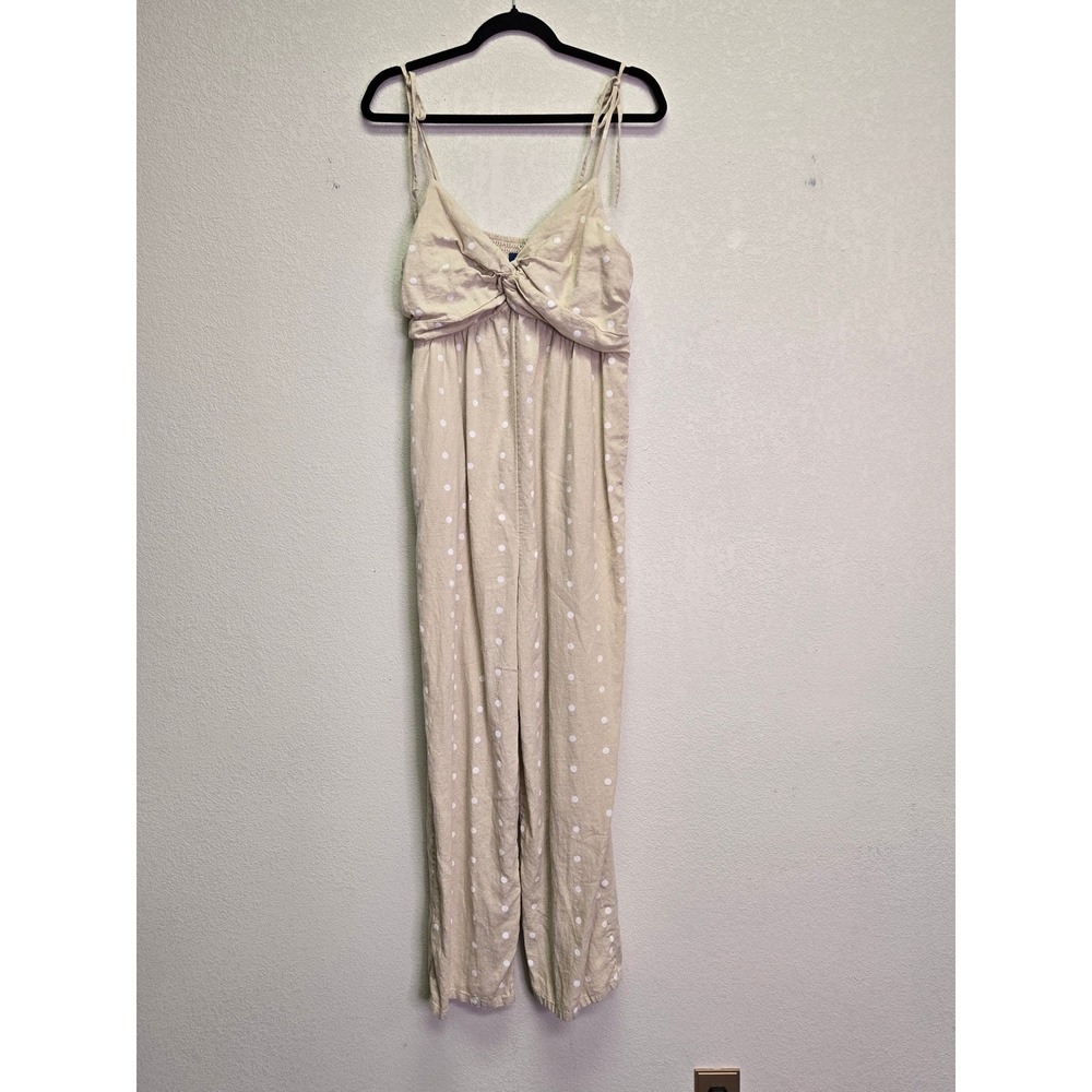 Old Navy Tan Polka Dot Linen Blend Jumpsuit L Cottagecore Coastal Smocked Back